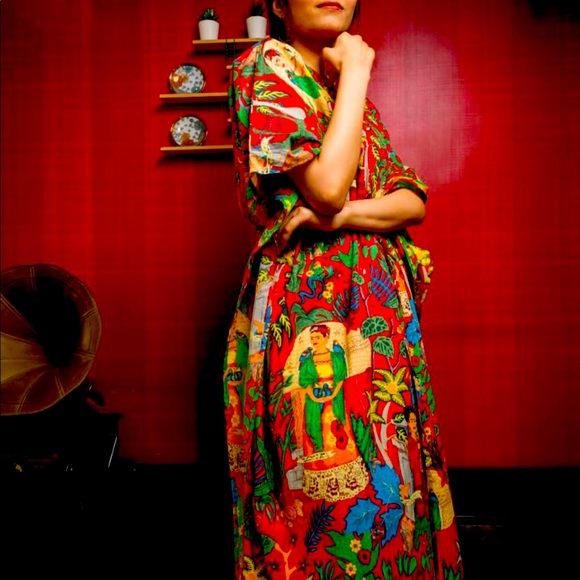 BRAND NEW Yellow Frida Kahlo Cotton Caftan Nightwear Dressing Gown Kaftan - Picture 3 of 3